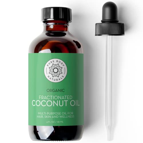 Pure Body Naturals Organic Fractionated Coconut Oil for Skin and Hair, 4 fl oz - Liquid Carrier Oil for Diluting Essential Oils, Hair Growth & Skin Moisturizer