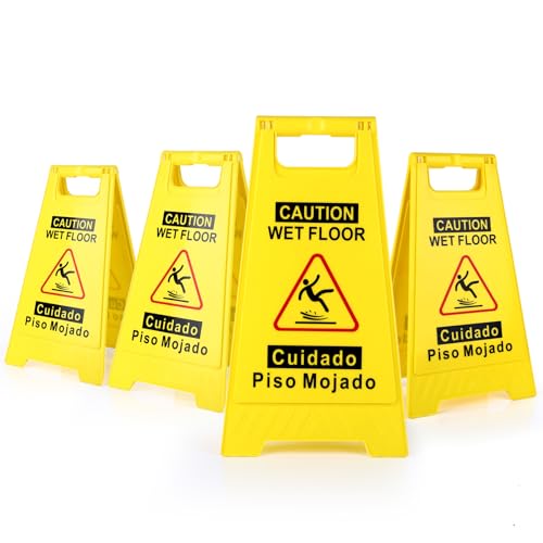 4-Pack Caution Wet Floor Sign,17.5' Height,Bright Yellow Double-Sided Folding A-Shaped Frame Design, Bilingual Caution Message