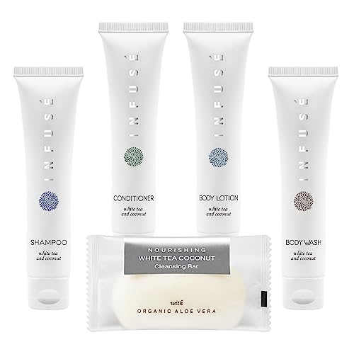 Infuse Pure White Tea and Coconut All-In-Kit Hotel Soaps and Toiletries Bulk Set | 1oz Shampoo & Conditioner, Body Wash, Lotion & 1.25oz Bar Soap | Travel Size 75 Pieces.