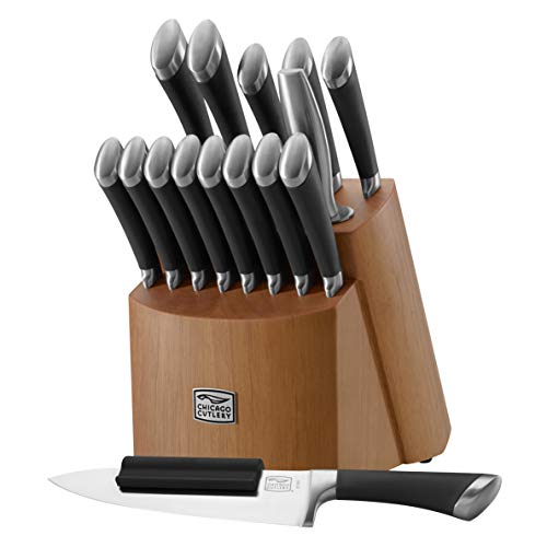 Chicago Cutlery Fusion 17 Piece Kitchen Knife Set with Wooden Storage Block, Cushion-Grip Handles with Stainless Steel Blades that Resists Stains, Rust, and Pitting