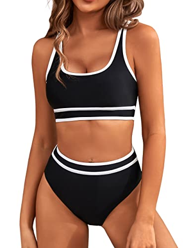 BMJL Women's High Waisted Bikini Sets Sporty Two Piece Swimsuits Color Block Cheeky High Cut Bathing Suits(L,Black)