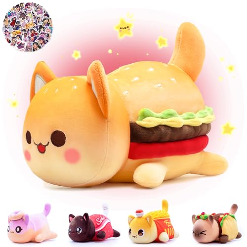 KOWSi 61-PCS - 11-inches Cheeseburger Cat Plush + 60-Sticker - Meemaows Cute Food Cat Plush Collection - 100% Polyester Plushie Pillow Embroidered - Soft Stuffed Animal Collectible (Cheeseburger Cat)