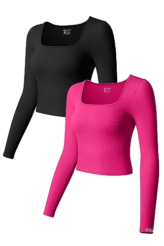 OQQ Women's 2 Piece Crop Tops Ribbed Seamless Long Sleeve Square Neck Underscrubs Stretch Shirts Tops Black Rose3