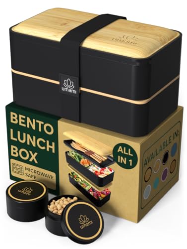 Umami Bento Box Adult All-In-1 w/ 4 Utensils, 2 Sauce Jars & 2 Dividers, Real Bamboo Lid, 100% Leakproof, Microwave & Dishwasher Safe