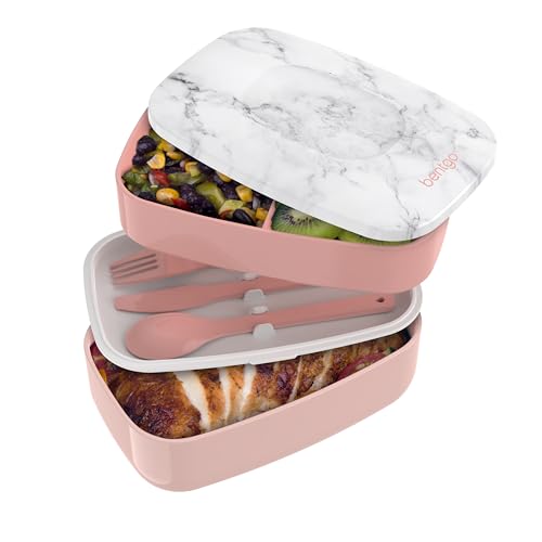 Bentgo Classic - Adult Bento Box, All-in-One Stackable Lunch Box Container with 3 Compartments, Plastic Utensils, and Nylon Sealing Strap, BPA Free Food Container (Blush Marble)