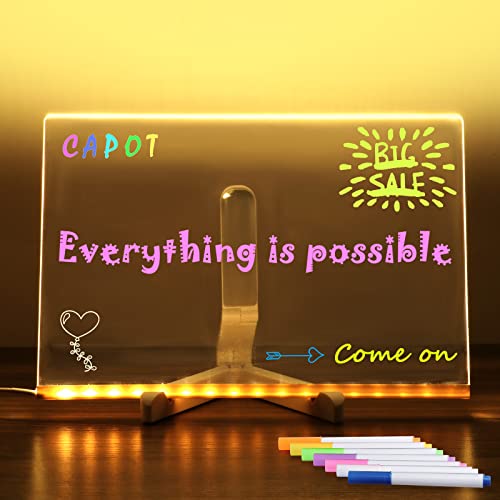 CAPOT Acrylic Dry Erase Board with Light 11.8 X 7.9” Light up Dry Erase Board with Stand as a Glow Memo LED Letter Message Board Note Glass Led Board White Board with 7 Pen for Office School Home