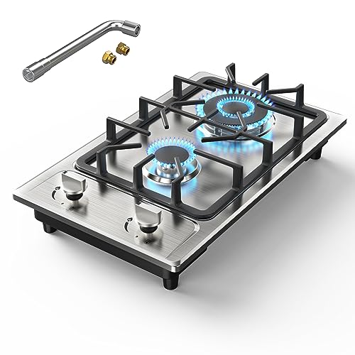 Gas Stove 2 Burner,Propane Cooktop 12 inch, Nafewin Portable Gas Cooktop Stainless Steel Gas Burner with Thermocouple Protection, Lpg/Ng Dual Fuel Built-in Gas Stove Top for Apartments, Outdoor, Rvs