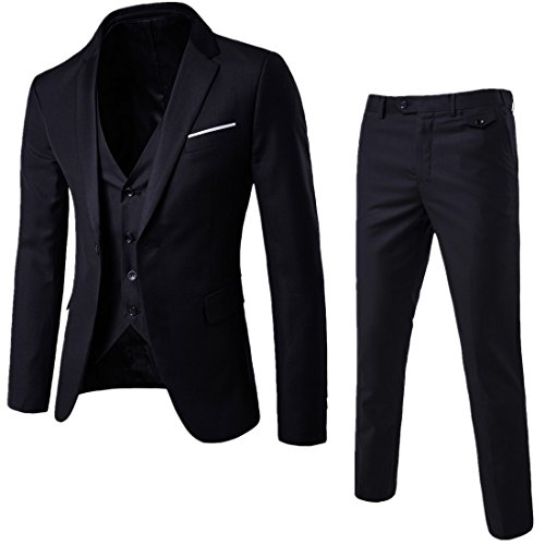WULFUL Men's Suit Slim Fit One Button 3-Piece Suit Blazer Dress Business Wedding Party Jacket Vest & Pants Black