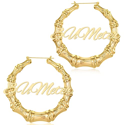 3UMeter Custom Bamboo Earrings for Women Girls Name Earrings Personalized 18K Gold Plated Customized Earrings Fashion Jewelry Gifts (3.5 inches, Bamboo)