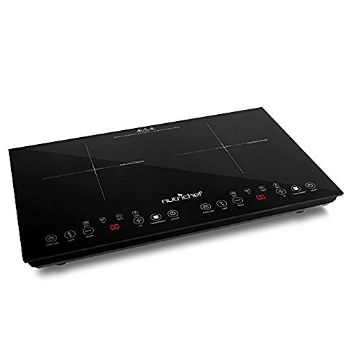 NutriChef Double Induction Cooktop - Portable 120V Digital Ceramic Dual Burner w/ Kids Safety Lock - Works with Flat Cast Iron Pan,1800 Watt,Touch Sensor Control, 12 Controls - PKSTIND48, Black