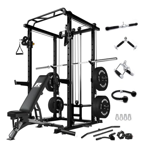 RitFit Squat Rack Power Cage Home Gym Package, Includes 1000LBS Power Rack with Cable Crossover System, Weight Bench, Weight Plate Set with Olympic Barbell (Package 1.6K (Bumper Plate 230LBS))-Black