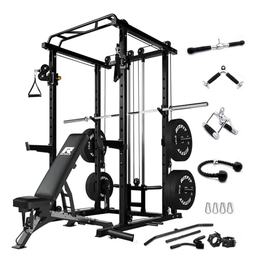 RitFit Multi-Function Garage & Home Gym Package Includes 1000LBS Power Cage PPC03 with Cable Crossover System, Weight Bench, Olympic Barbell Weight Set, Full Body Workout-BLK,Bumper Plate 230lbs