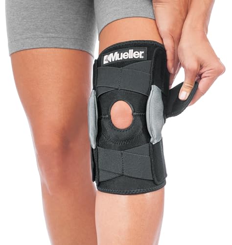 MUELLER Sports Medicine Hinged Wrap Around Knee Brace for Adults, Men and Women Knee Support for Pain, Injury, or Arthritis, Black/Gray,12-21 Inches, One Size Fits Most