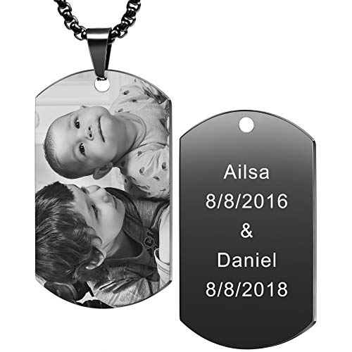 MeMeDIY Personalized Dog Tag Pendant Necklace Engraving Text/Black & White Picture for Men Women Memorial Stainless Steel Jewelry Bundle with Adjustable Chain, Keychain, Silencer (Black Color)
