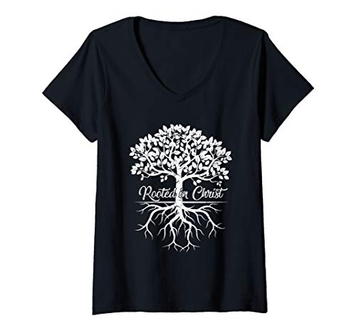 Womens Cool Rooted in Christ Shirt Christian Faith Gift Bible Verse V-Neck T-Shirt