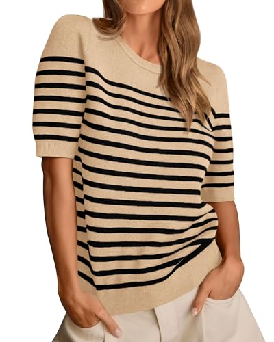 Amkoyam Women's 2024 Short Sleeve Crew Neck T Shirts Casual Striped Ribbed Knit Pullover Sweater Tops(Beige,X-Large)