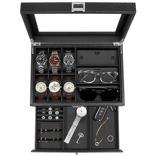 GUKA Watch box, 6 Slot Watch Case, 3 Slot Sunglass Organizer, Watch Cases for men with Real Glass Lid, Watch Organizer storage with Jewelry Case, Birthday for Men and Women, Black