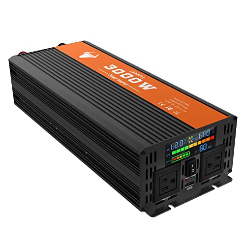 Power Inverter 3000 Watt, Car/Outdoor 12V DC to 110V AC Converter, with LED Display, Dual AC Outlets, USB Port, Dual Smart Fans, Cables Included, Suitable for RV, Outdoor, Camping, Boat, Emergency