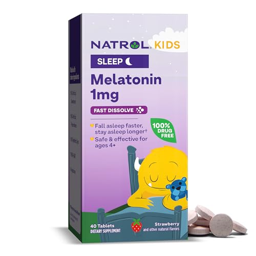 Natrol Kids Melatonin Fast Dissolve Tablets Helps You Fall Asleep Faster Stay Asleep Longer Easy to Take Dissolves in Mouth for Ages 4 Up Flavor 1mg, Strawberry, 40 Count