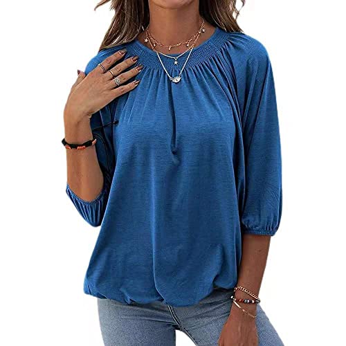 Mayntop Womens Solid Color Plain Crew-Neck Shirt 3/4 Long Sleeve Business Casual Top Loose Elegant Blouse A Blue L