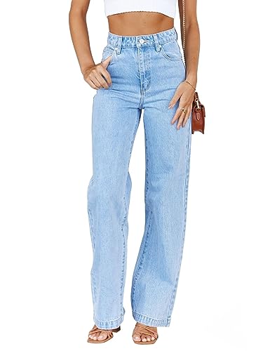 ETTELO Womens Jeans Mid Waisted Straight Leg Loose Stretchy Lightweight Tummy Control Trendy Jeans for Women 2024 (US, Numeric, 8, Regular, Regular, Light Blue)