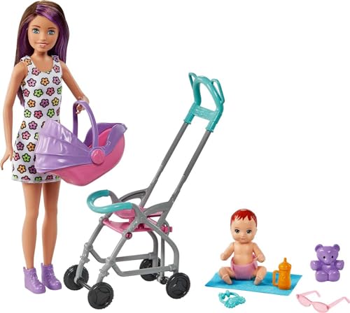 Barbie Skipper Babysitters Inc Playset with Doll, Stroller, Baby Doll & 5 Accessories, Remove Stroller Seat for Carrier