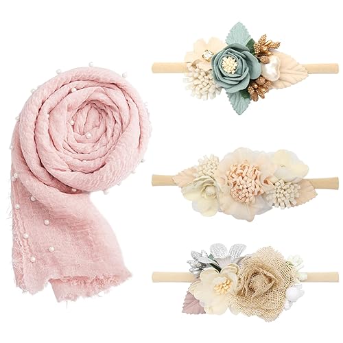 4 PCS Baby Props Photography Wrap Kit, 90X170cm Newborn Long Ripple Wrap with Flower Girl Headband Classic Outfits for Girl Princess Twins Birthday Party (Shell Pink)