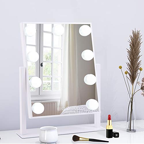 BWLLNI Lighted Makeup Mirror Hollywood Mirror Vanity Mirror with Lights, Touch Control Design 3 Colors Dimable LED Bulbs, Detachable 10X Magnification, 360°Rotation, White.