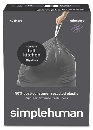 simplehuman 50% Post-Consumer Recycled Odorsorb Tall Kitchen Drawstring Trash Bags, 13 Gal, 40 Count