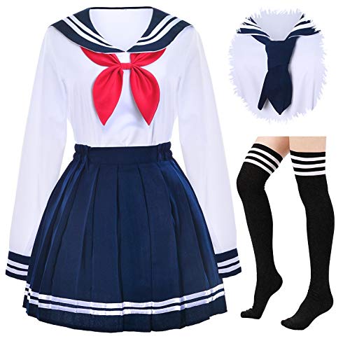 Japanese School Girls Uniform Sailor Navy Blue Pleated Skirt Anime Cosplay Costumes with Socks Set(SSF13) L(Tag XL)