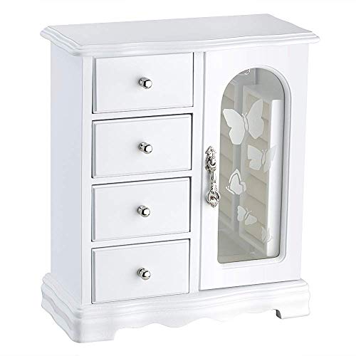 RR ROUND RICH DESIGN Jewelry Box - Made of Solid Wood with 4 Drawers Organizer and Built-in Necklace Carousel and Large Mirror White