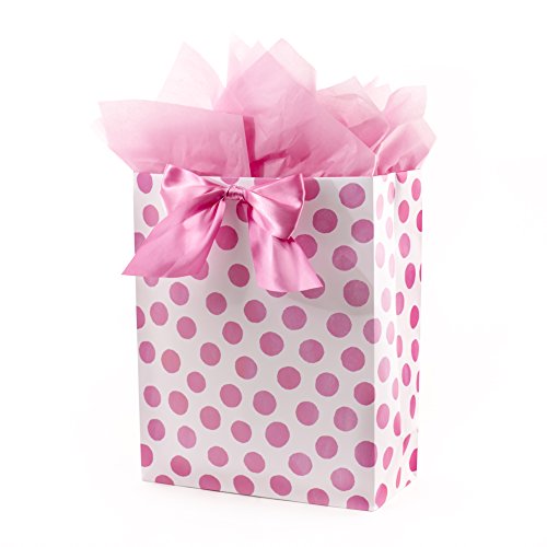 Hallmark 15' Extra Large Gift Bag with Tissue Paper (Pink Polka Dots and Bow) for Birthdays, Easter, Baby Showers, Bridal Showers, Any Occasion