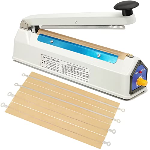 Impulse Sealer 8 Inch Heat Sealer for Plastic Bags, Plastic Mylar Bag Sealer, Iron Shell, Manual Poly Bag Heat Sealer Machine, 3mm Sealing, 4 Replacements Kit (2 Cutting Lines Included)