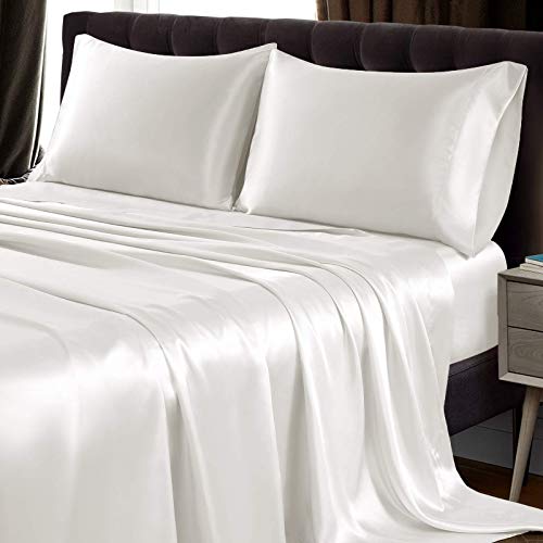 SiinvdaBZX 4Pcs Satin Sheet Set Queen Size Ultra Silky Soft Ivory White Satin Queen Bed Sheets with Deep Pocket, 1 Fitted Sheet, 1 Flat Sheet, 2 Envelope Closure Pillowcases