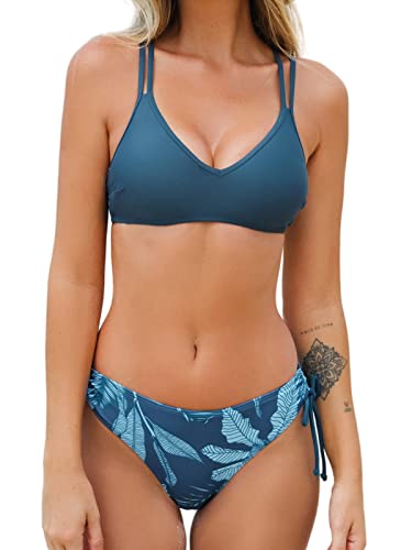 CUPSHE Women Swimsuit Bikini Set Two Piece Bathing Suit Criss Cross Back Strappy Side with Double Spaghetti Straps, M Aegean Blue