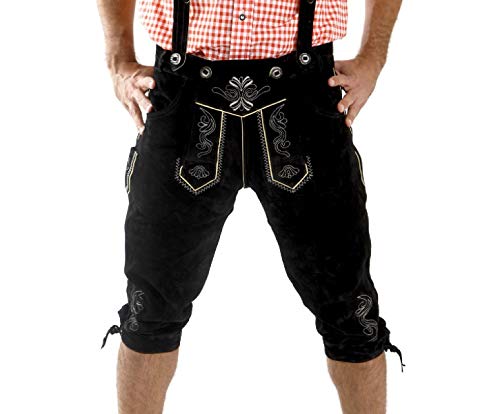 Leather Craft Mens Knee Breeches German Bavarian Lederhosen Oktoberfest Black Lederhosen (38 Inches Waist)