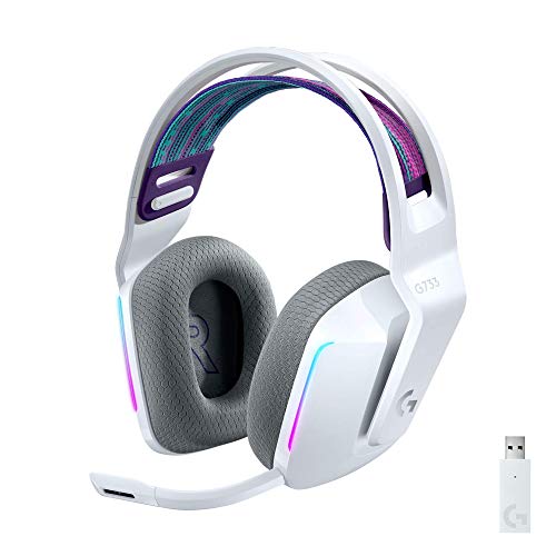 Logitech G733 Lightspeed Wireless Gaming Headset with Suspension Headband, LIGHTSYNC RGB, Blue VO!CE mic Technology and PRO-G Audio Drivers - White (Renewed)