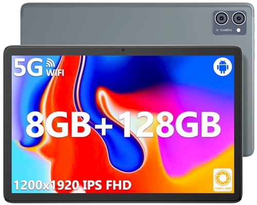 jumper 10 Inch Tablet, 8-Core Processor, 8GB RAM 128GB Storage, 1200p FHD IPS Touch Screen, Android 12 Tablets with Stereo Speakers, 13+5MP Camera, 6000mAh Battery, 5G WiFi, GPS, BT5.0, Type-C.