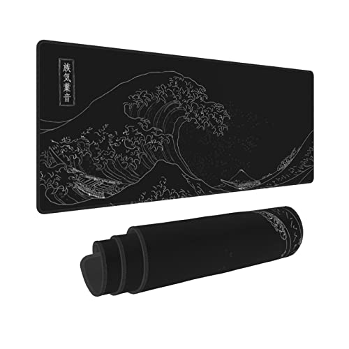 Extended Large Anime Black Mouse Pad The Great Wave off Kanagawa Painting Big Gaming Keyboard Mat XXL Non-Slip Water-Resistant Rubber Base Full Desk Mousepad 3D Pattern