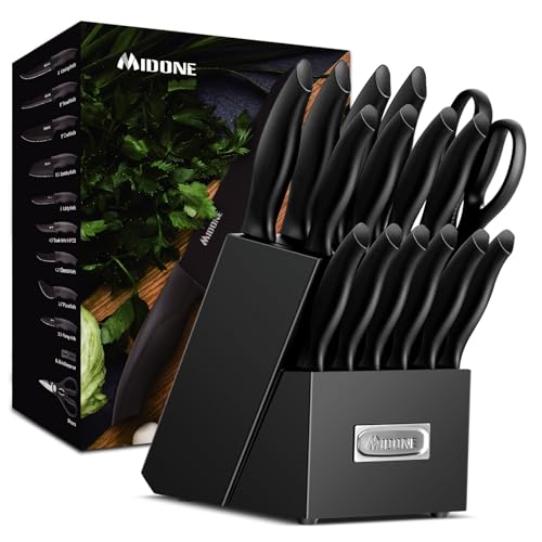 MIDONE Knife Set with Block, 17 Pieces Kitchen Knife Set with Built in Knife Sharpener Block, German Stainless Steel Knife Block Set, Elegant Black