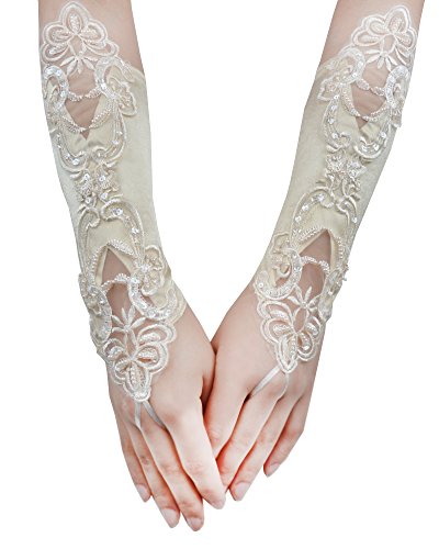 JISEN Women Banquet Party Fingerless Elegant Lace Embroidered Bridal Gloves 11 Inch Champagne