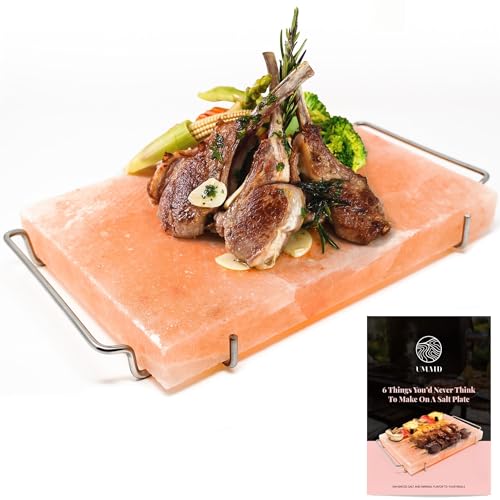 UMAID Himalayan Salt Block For Grilling, Cooking, Cutting and Serving,12X8X1.5 Food Grade Himalayan Pink Salt Stone on Stainless Steel Plate & Recipe Booklet, Unique Gifts for Men, Women, Chef, Cooks