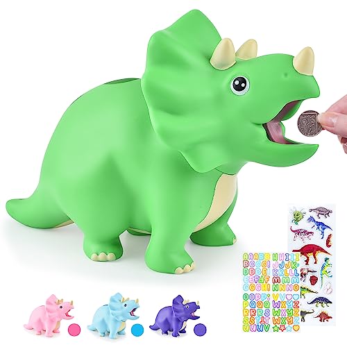 PJDRLLC Dinosaur Piggy Bank for Kids, Unbreakable Plastic Money Coin Bank for Boys and Girls, Great Gifts for Birthday, Easter, Baby Shower (Green)