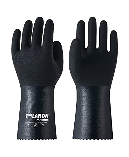 LANON Nitrile Chemical Resistant Gloves, Reusable Heavy-Duty Rubber Gloves with MicroFoam Textured Palm, Acid, Alkali and Oil Protection, Black, XL