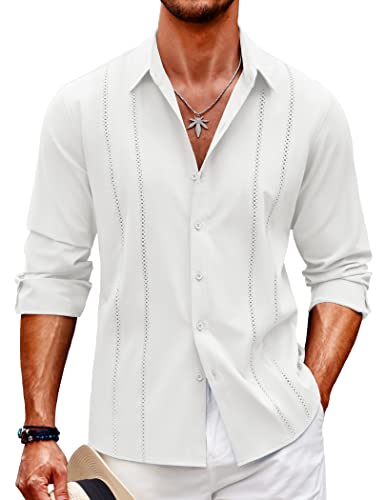 COOFANDY Mens Casual Button Down Shirts Long Sleeve Cuban Guayabera Shirt Summer Beach Linen Shirts A-White