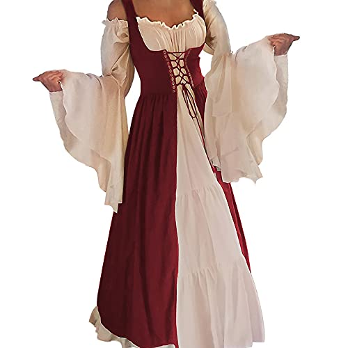 Abaowedding Womens's Medieval Renaissance Costume Cosplay Chemise and Over Dress Small/Medium Wine Red and Ivory