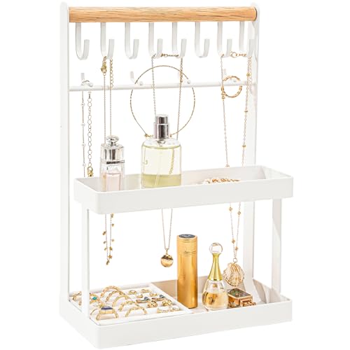 Lolalet Jewelry Organizer Stand Holder, 4-Tier Cute Necklace Holder Stand Rack with 12 Hooks Place Rings Necklaces for Teen Girl Room Decor -White