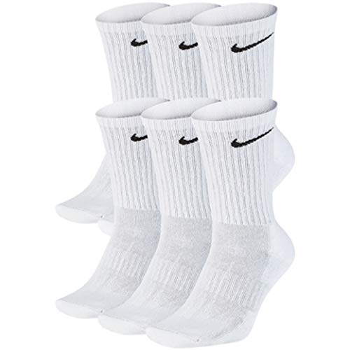 NIKE Dri-FIT Cushion Crew Training Socks (6 Pair) White With Traditional Black Swoosh Logo ADULT LARGE 8-12 UNISEX