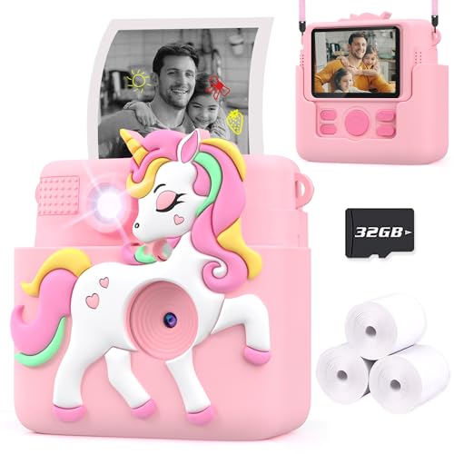 Kids Camera Instant Print with Unicorn Cover, Creative Gifts for Girls Age 4-12 Birthday Christmas, 1080P Digital Camera Toy with 32GB SD Card - Pink