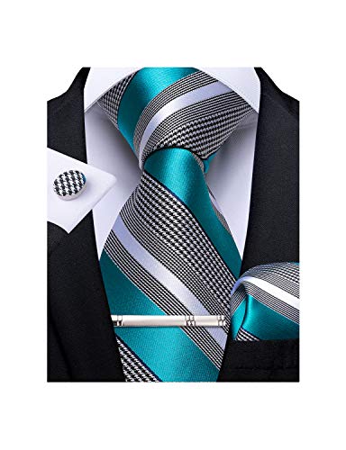 DiBanGu Men's Formal Grey Teal Stripe Tie and Tie Clip Set Silk Pocket Square Cufflink with Gift Box